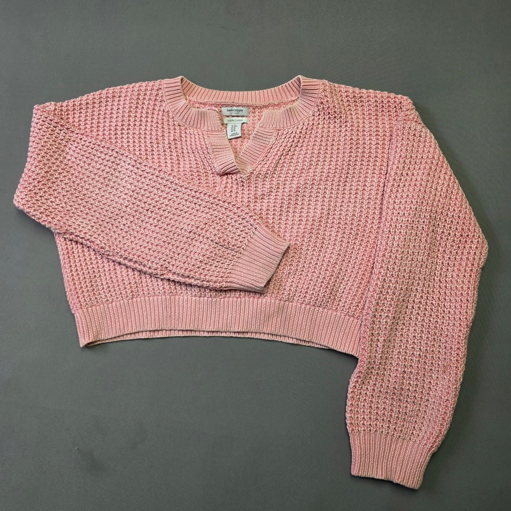 Haute Hippie Style Pink Marled Cotton Cropped Shaker Knit Sweater Womens Medium